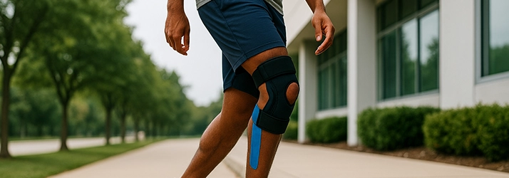 A person wearing a knee brace and tape.