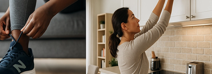 A person tying their shoe and a person reach up into a cabinet.