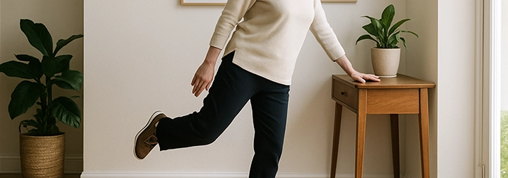 A person lifting one leg and holding a table.