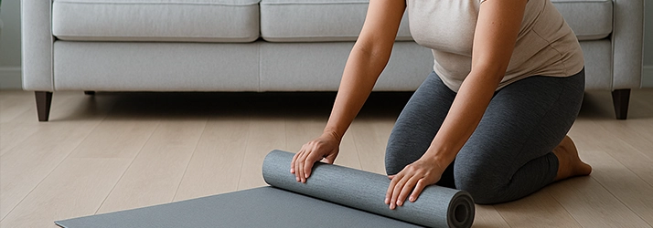 A person rolling out a yoga mat.